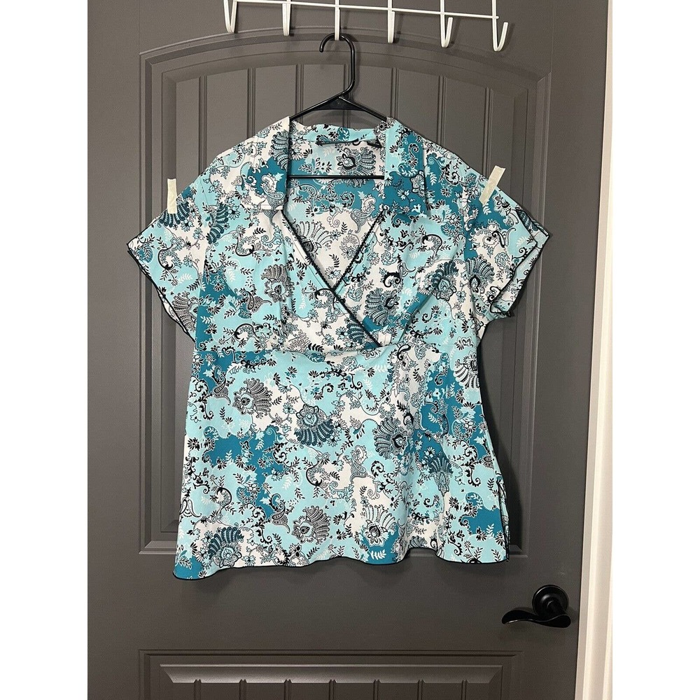Blue Diamond Plus Short Sleeve Teal/White Floral Paisley Faux Wrap Top Size 20w
